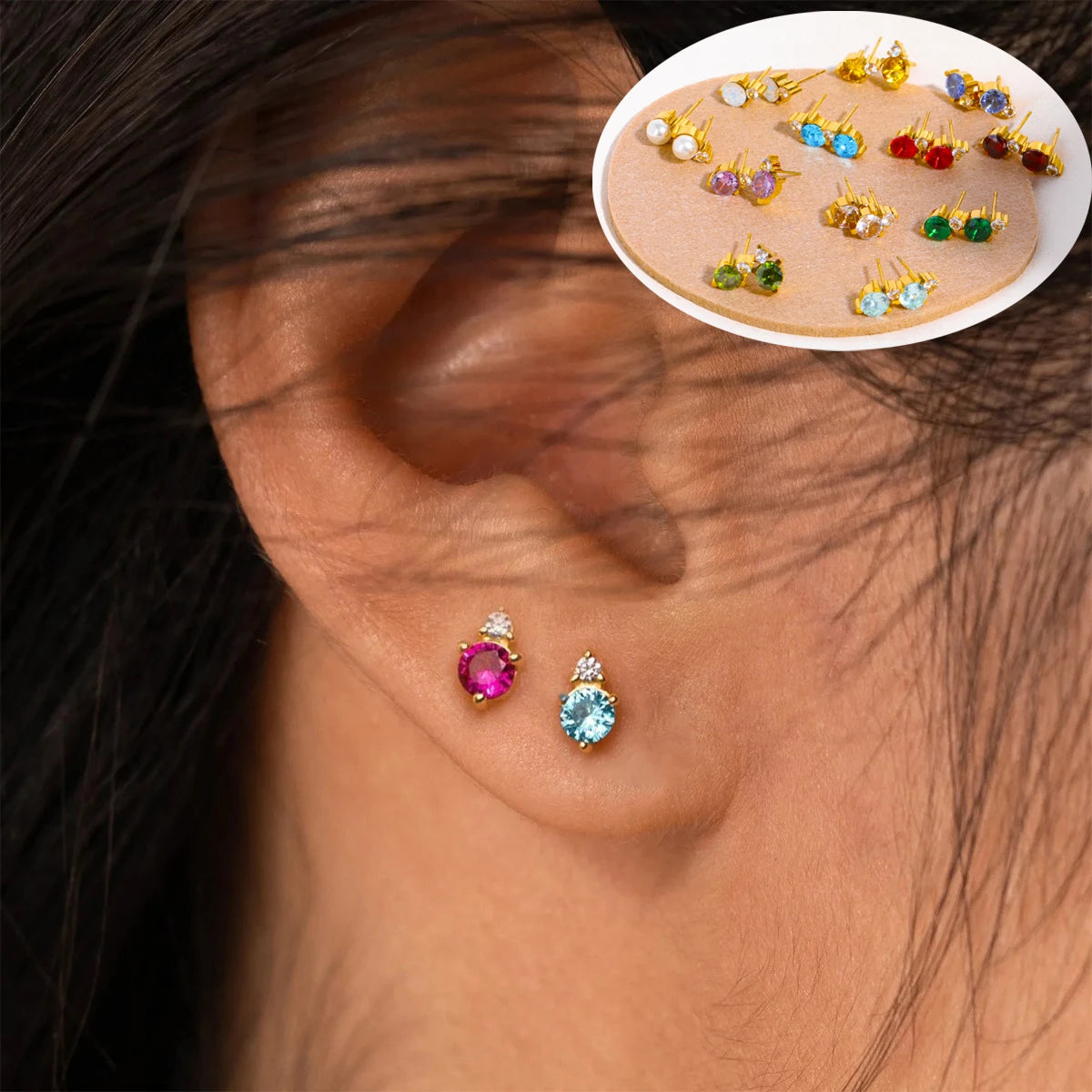 2pc Stainless Steel Cubic Zircon Minimal Birthstone Earrings for Women 12 Zodiac Signs Small Ear Stud Earring Piercing Jewelry