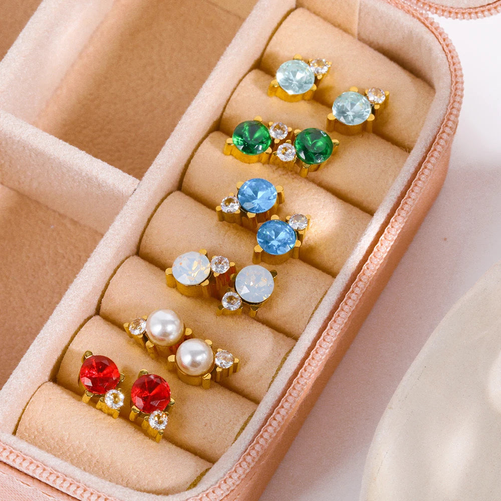 2pc Stainless Steel Cubic Zircon Minimal Birthstone Earrings for Women 12 Zodiac Signs Small Ear Stud Earring Piercing Jewelry